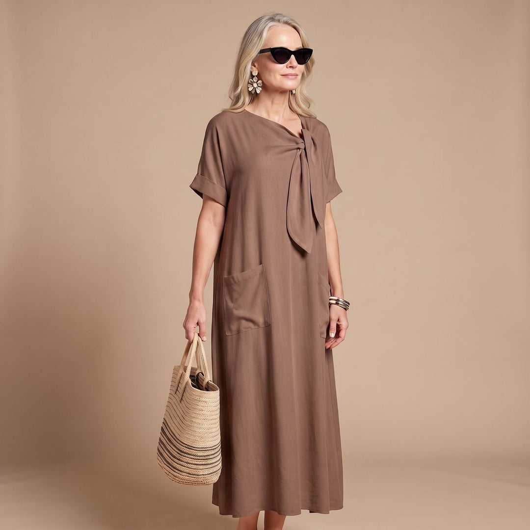 Thalvorne | Women's Summer Maxi Dress Tie Neck - Cream - Image 5