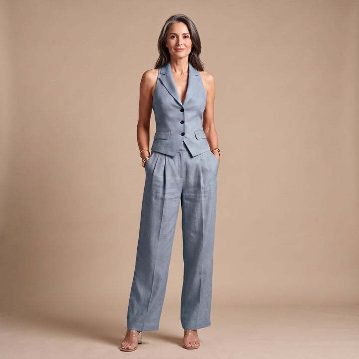 Thelvine | Women's Linen Two Piece Vest & Wide Leg Pants Set - Image 2