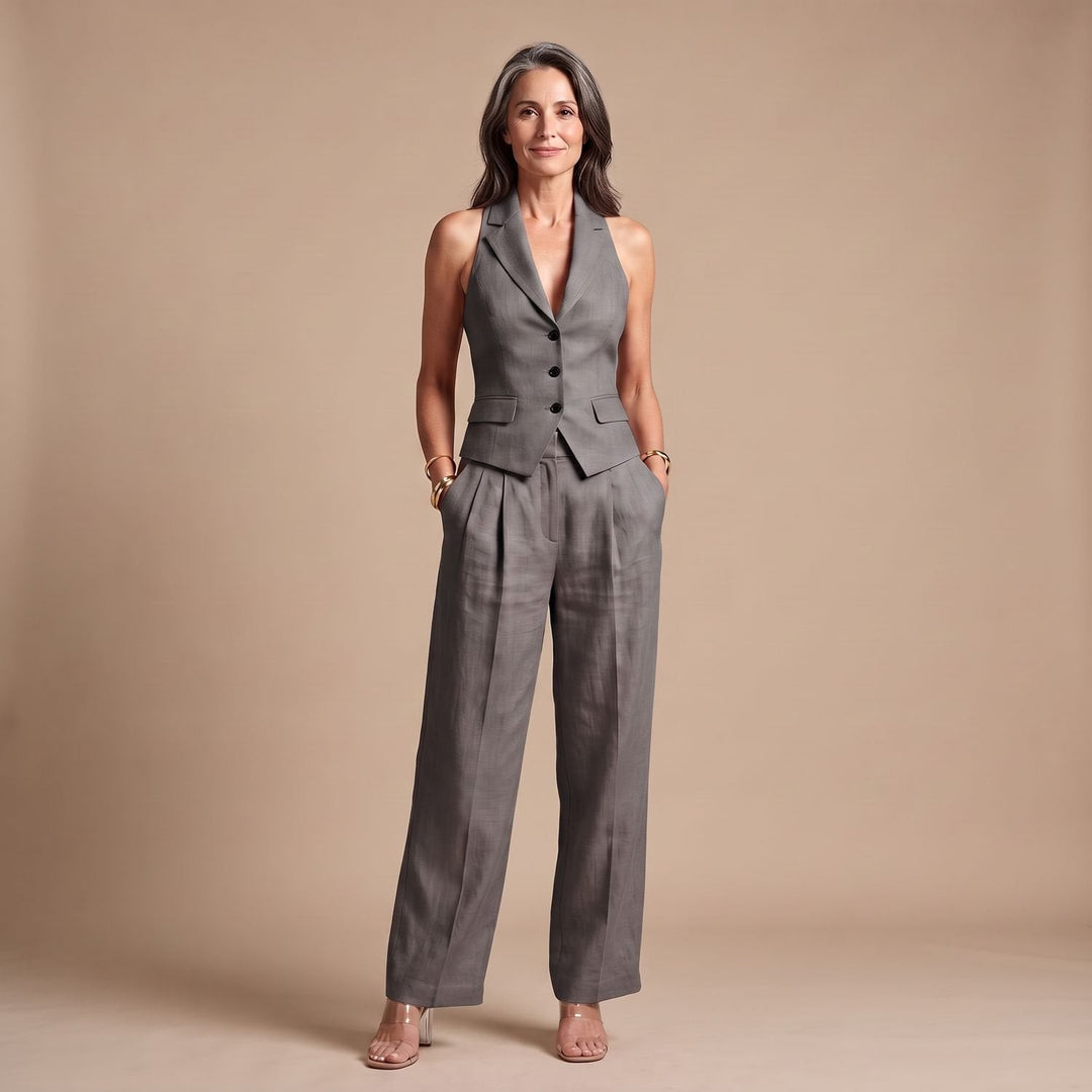 Thelvine | Women's Linen Two Piece Vest & Wide Leg Pants Set - Image 3