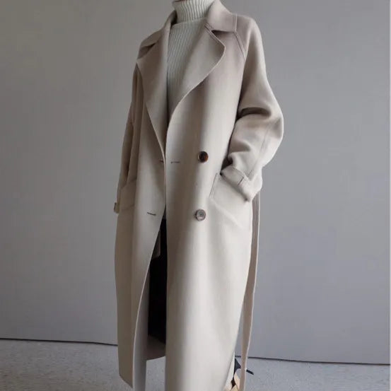 Theodora | Women's Double Breasted Long Coat - Beige - Image 1