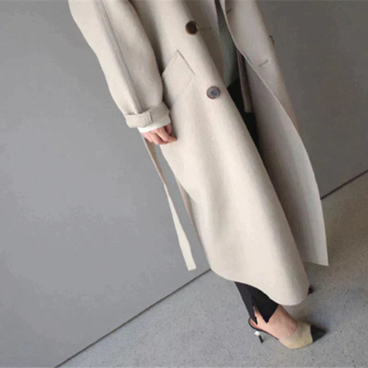 Theodora | Women's Double Breasted Long Coat - Beige - Image 2