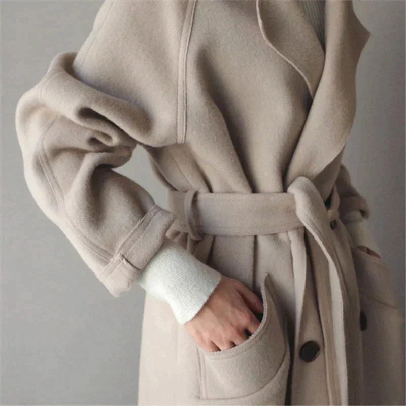 Theodora | Women's Double Breasted Long Coat - Beige - Image 3