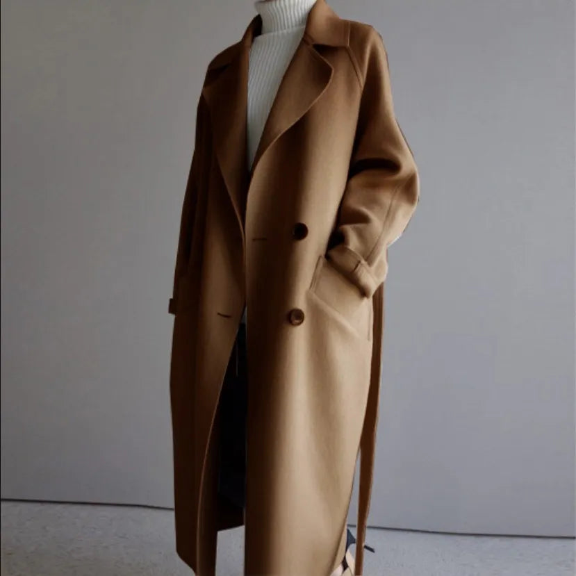 Theodora | Women's Double Breasted Long Coat - Beige - Image 6