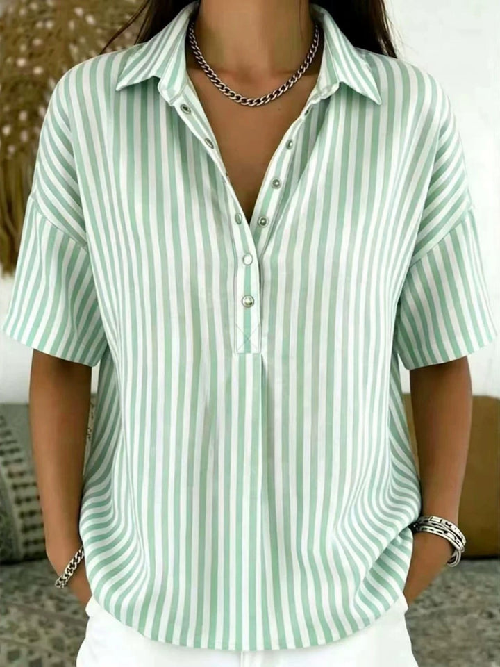 Thessa | Women's Striped Collared Short Sleeve Blouse - Striped - Image 1