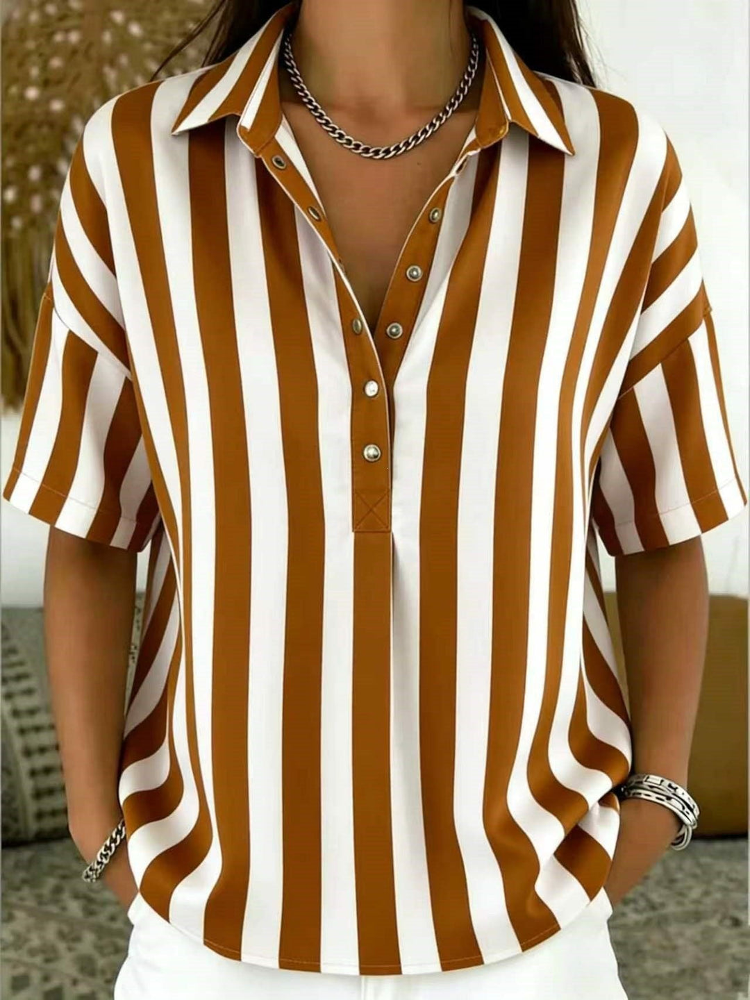 Thessa | Women's Striped Collared Short Sleeve Blouse - Striped - Image 10