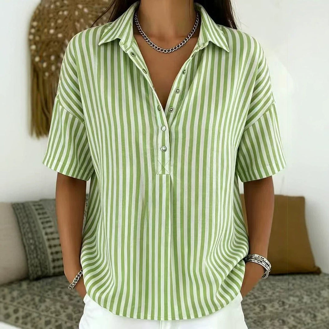 Thessa | Women's Striped Collared Short Sleeve Blouse - Striped - Image 2
