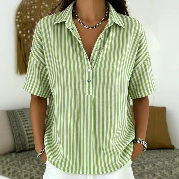 Thessa | Women's Striped Collared Short Sleeve Blouse - Striped - Image 2