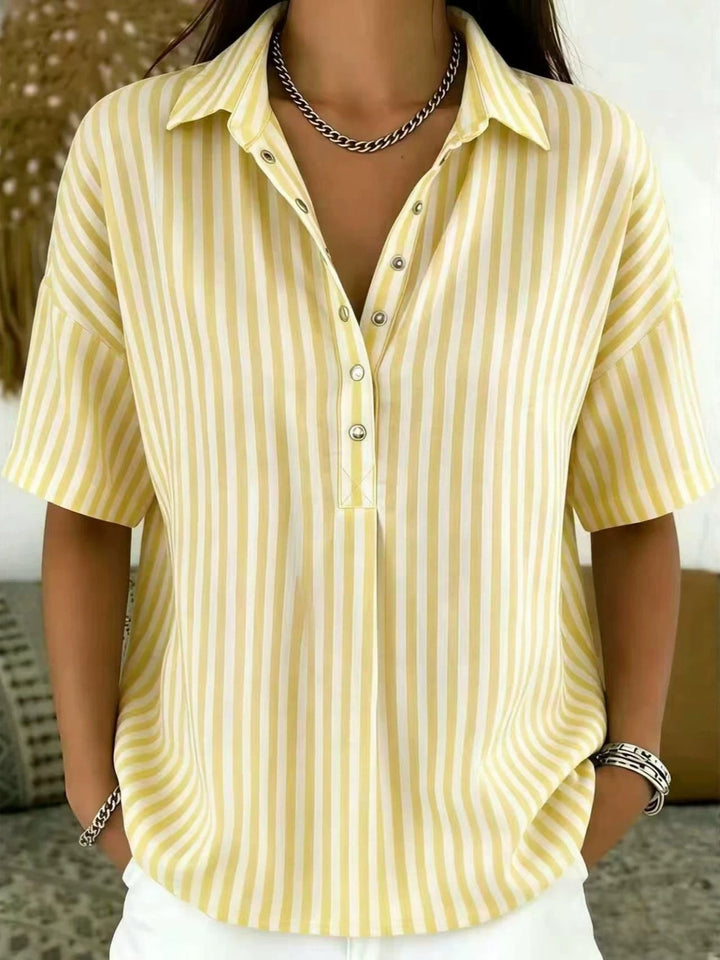 Thessa | Women's Striped Collared Short Sleeve Blouse - Striped - Image 3