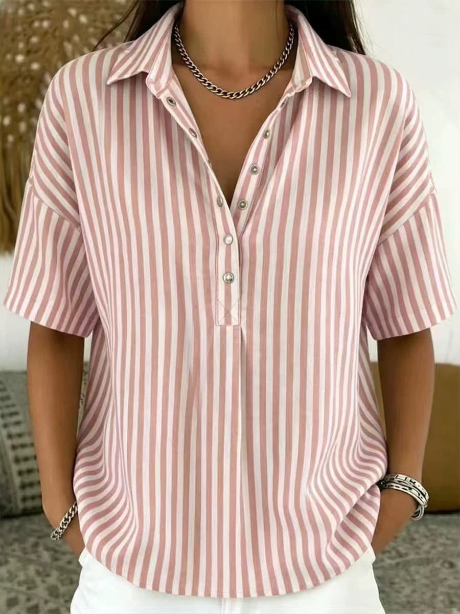 Thessa | Women's Striped Collared Short Sleeve Blouse - Striped - Image 4