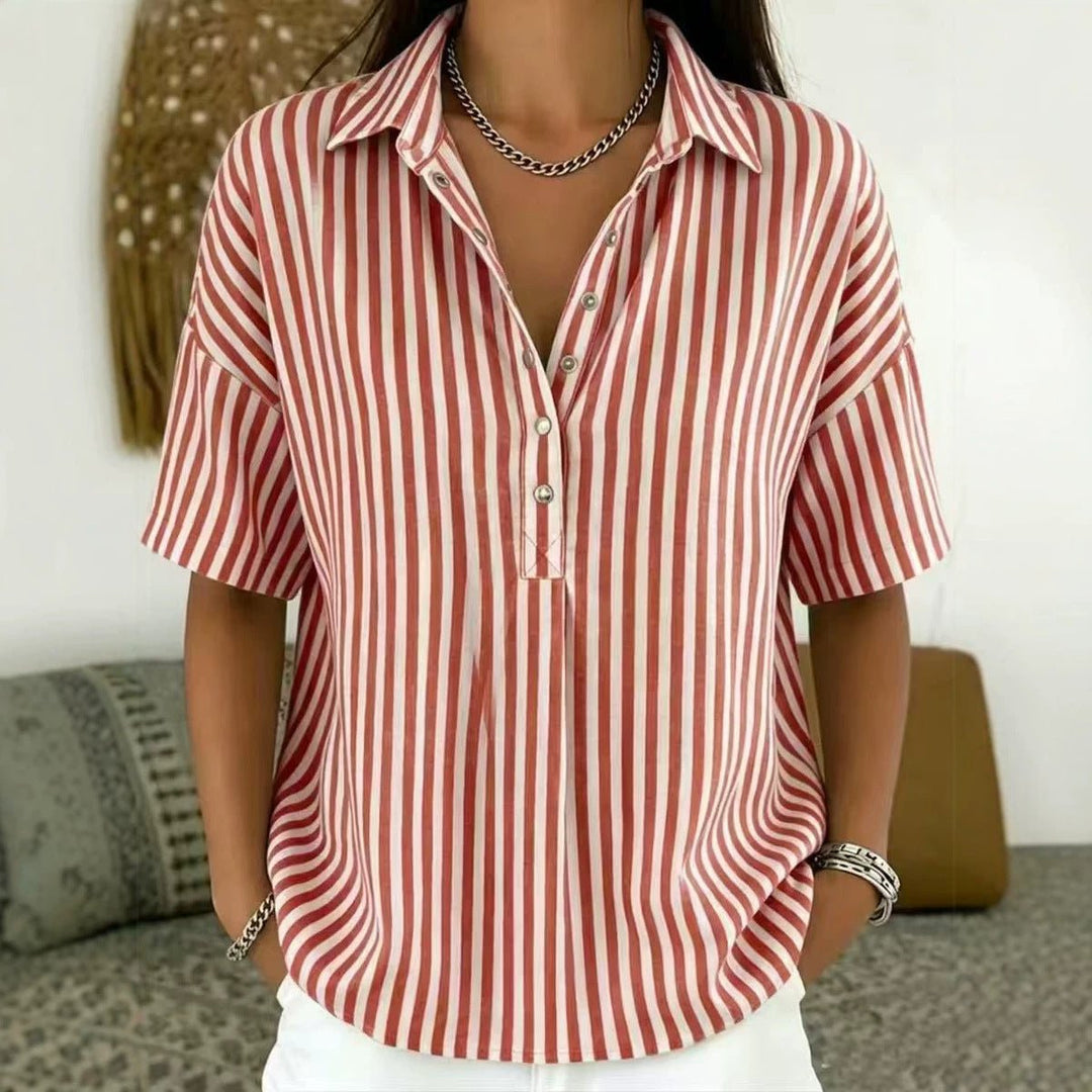 Thessa | Women's Striped Collared Short Sleeve Blouse - Striped - Image 5