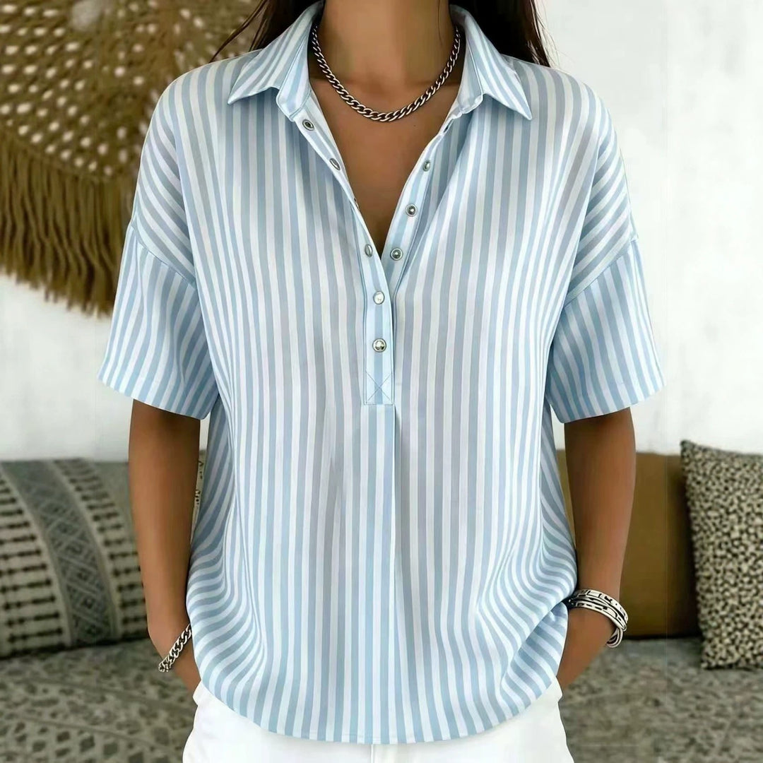 Thessa | Women's Striped Collared Short Sleeve Blouse - Striped - Image 7