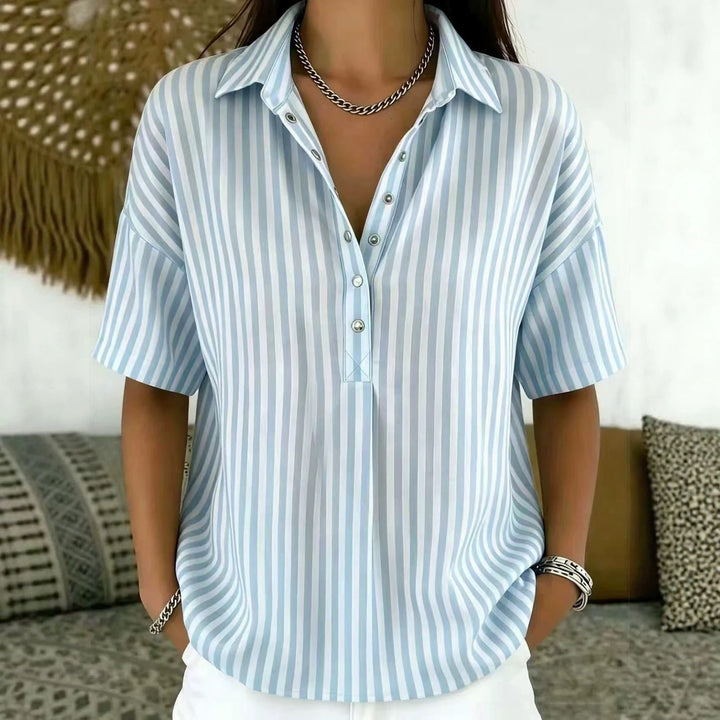 Thessa | Women's Striped Collared Short Sleeve Blouse - Striped - Image 7
