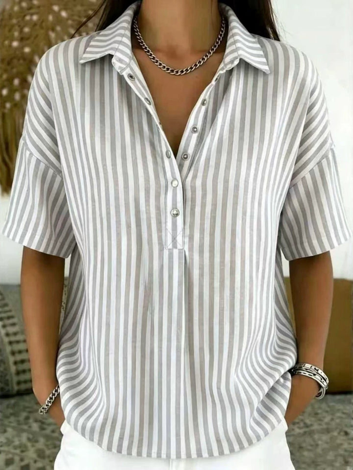 Thessa | Women's Striped Collared Short Sleeve Blouse - Striped - Image 8