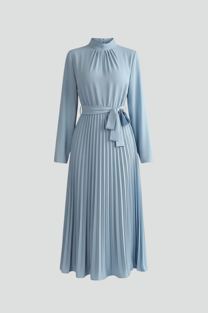 Thessadora | Women's Mock Neck Long Sleeve Midi Dress - Light Blue - Image 1