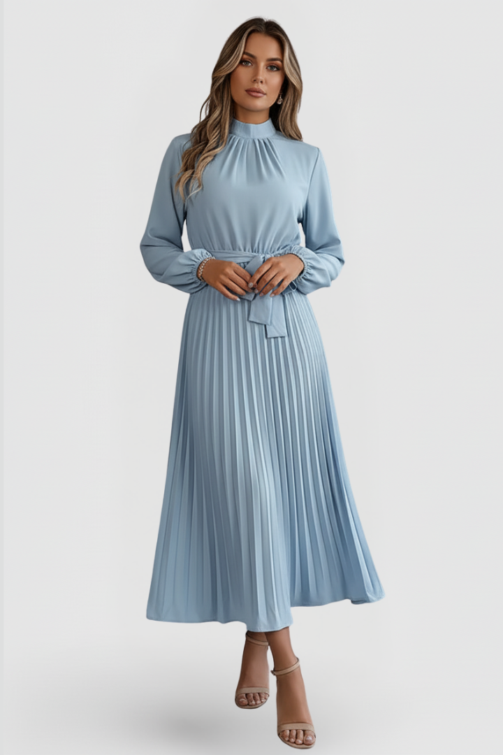 Thessadora | Women's Mock Neck Long Sleeve Midi Dress - Light Blue - Image 2