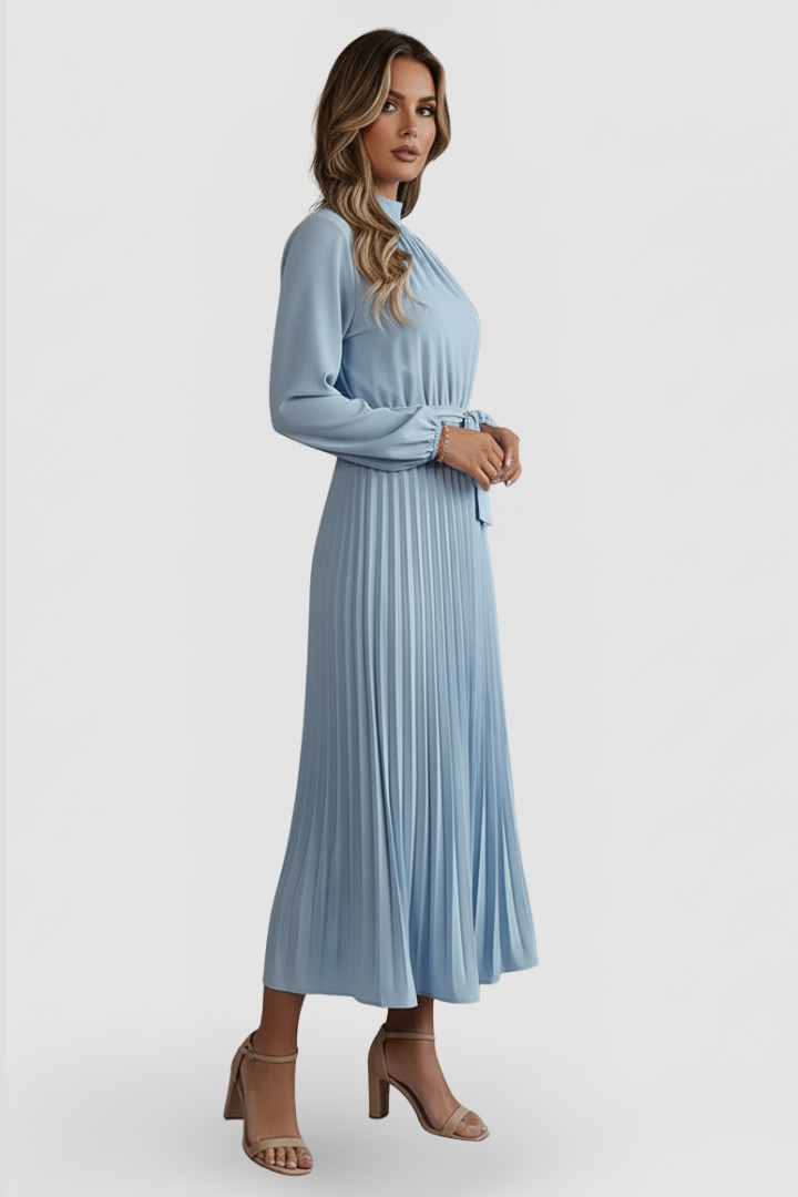 Thessadora | Women's Mock Neck Long Sleeve Midi Dress - Light Blue - Image 3
