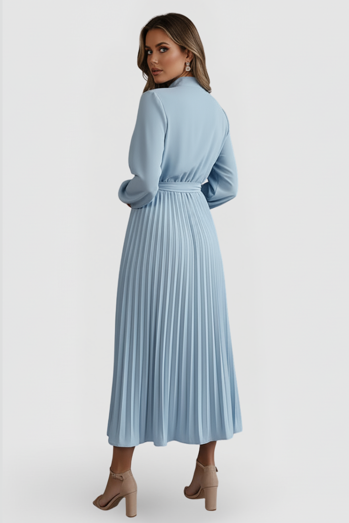 Thessadora | Women's Mock Neck Long Sleeve Midi Dress - Light Blue - Image 4