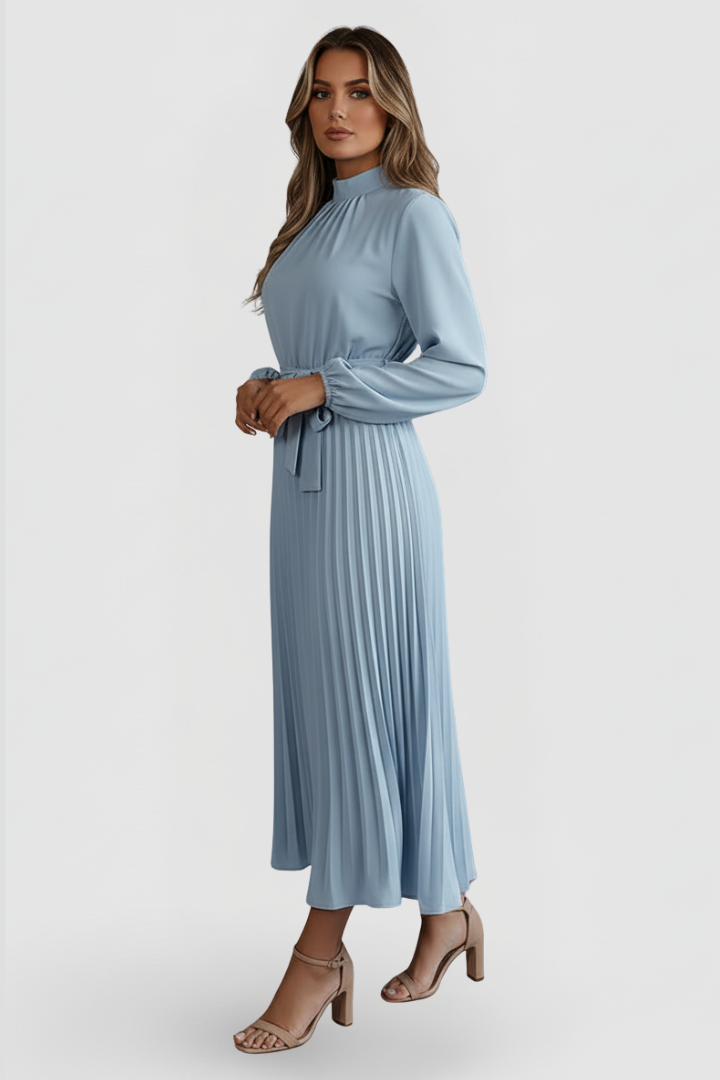Thessadora | Women's Mock Neck Long Sleeve Midi Dress - Light Blue - Image 5