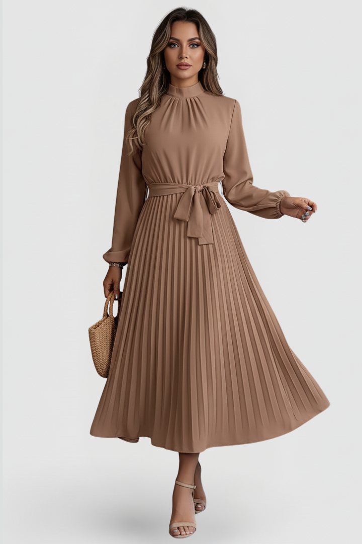 Thessadora | Women's Mock Neck Long Sleeve Midi Dress - Light Blue - Image 9