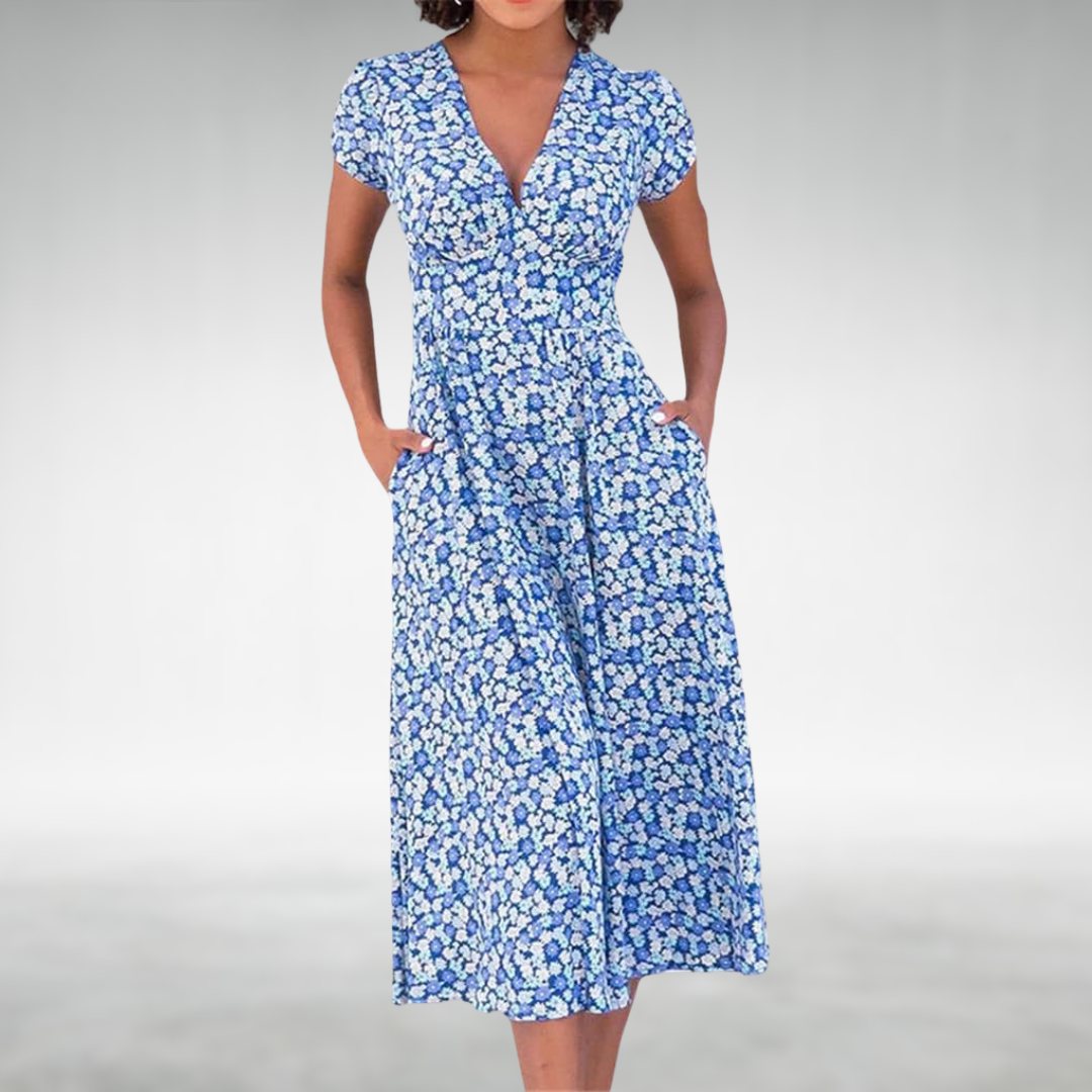 Thessalonica | Women's Floral V-Neck Midi Dress - Blue - Image 1
