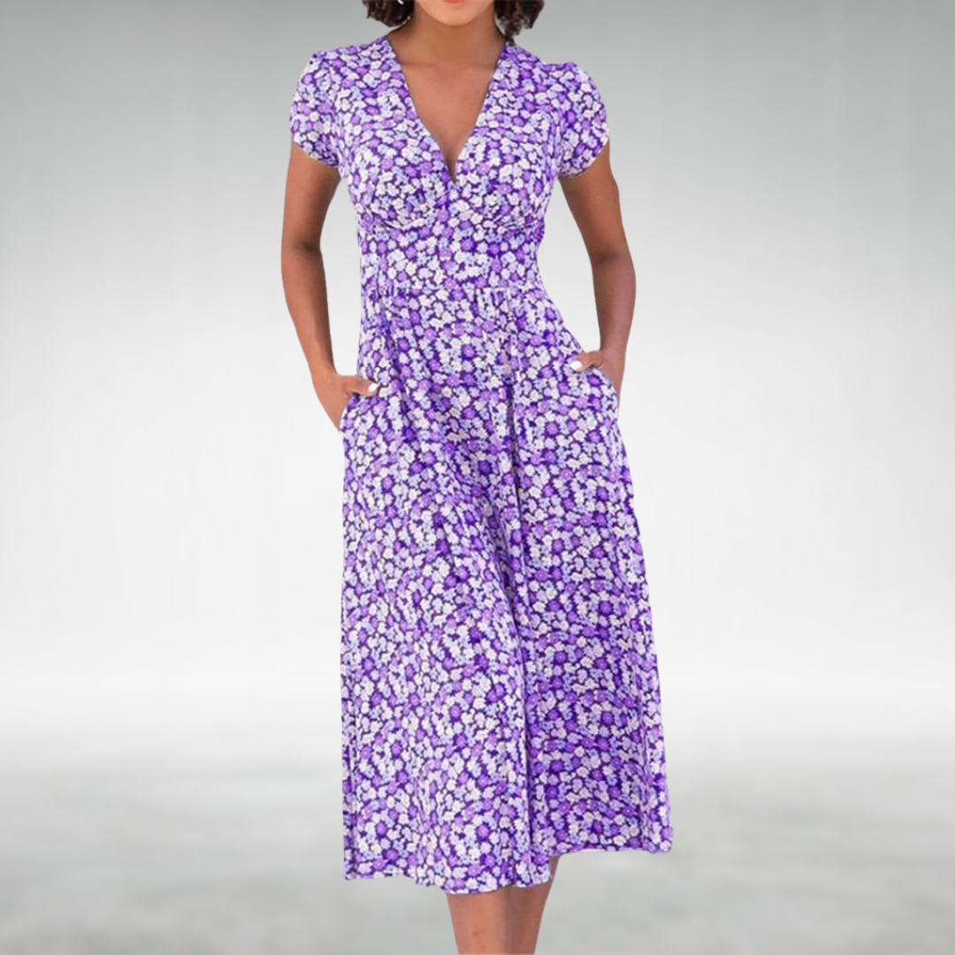 Thessalonica | Women's Floral V-Neck Midi Dress - Blue - Image 3