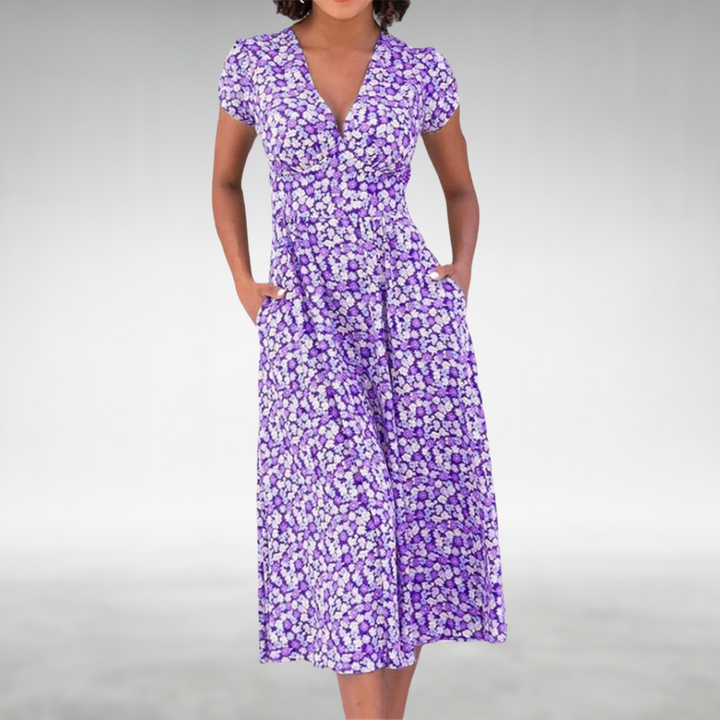 Thessalonica | Women's Floral V-Neck Midi Dress - Blue - Image 3