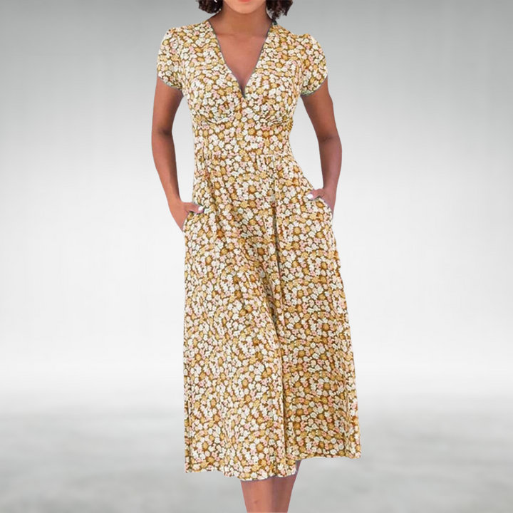 Thessalonica | Women's Floral V-Neck Midi Dress - Blue - Image 4