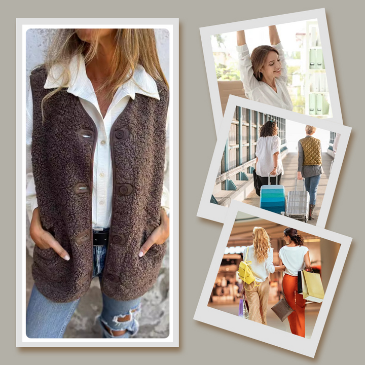 Thessaly | Women's Button Front Sleeveless Vest - Brown - Image 10