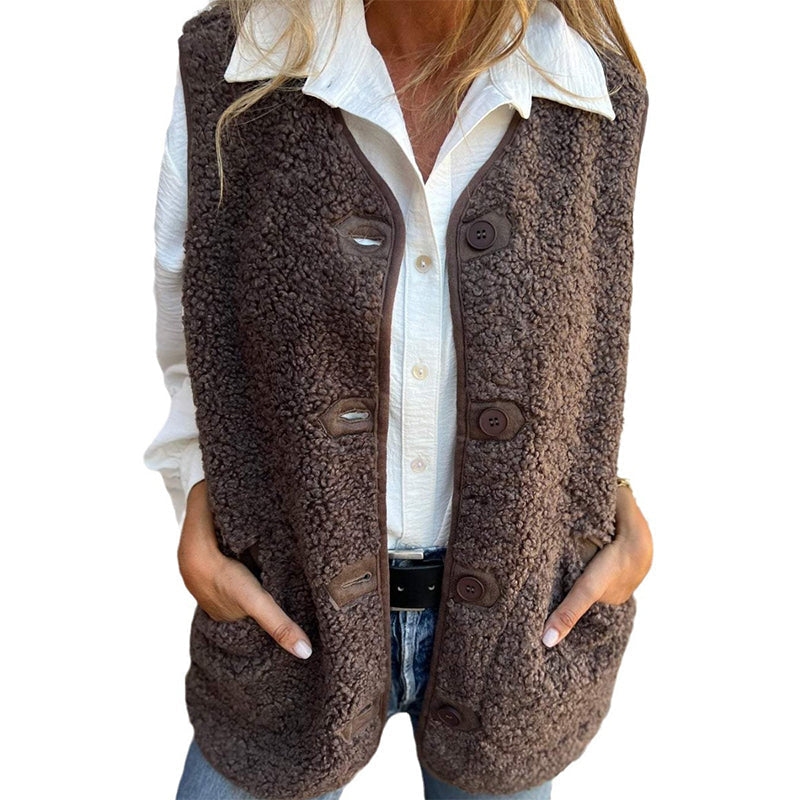Thessaly | Women's Button Front Sleeveless Vest - Brown - Image 11