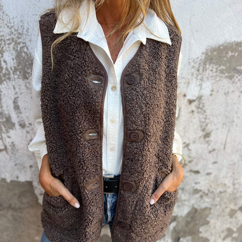 Thessaly | Women's Button Front Sleeveless Vest - Brown - Image 2