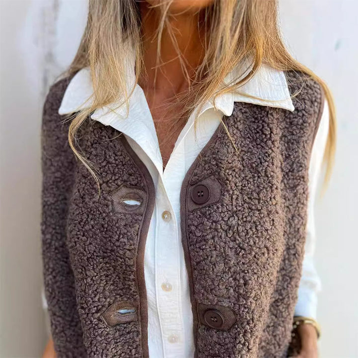 Thessaly | Women's Button Front Sleeveless Vest - Brown - Image 7