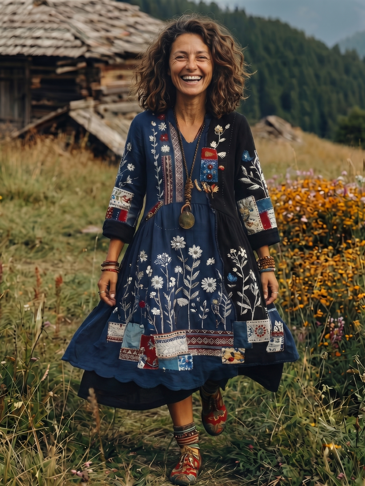 Thessaly | Women's Embroidered Panel Midi Dress - Navy - Image 1