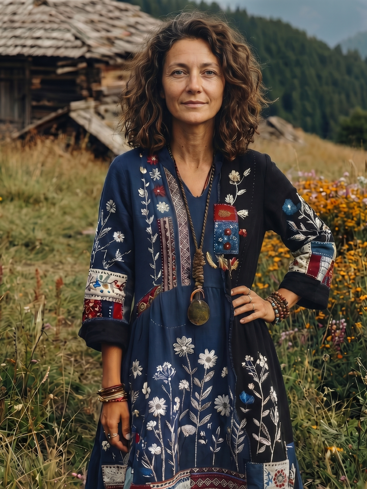 Thessaly | Women's Embroidered Panel Midi Dress - Navy - Image 2