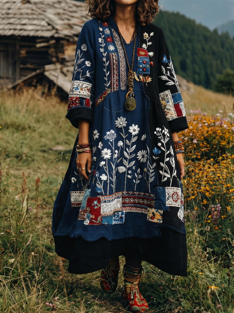 Thessaly | Women's Embroidered Panel Midi Dress - Navy - Image 3