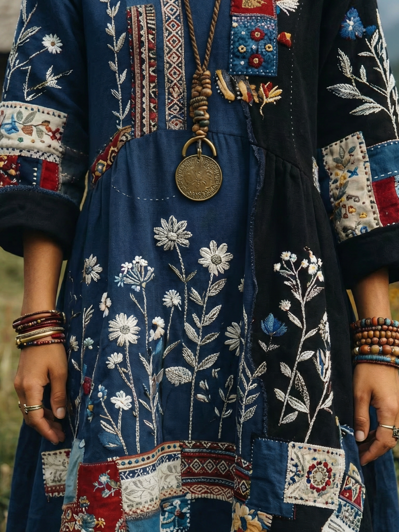 Thessaly | Women's Embroidered Panel Midi Dress - Navy - Image 4