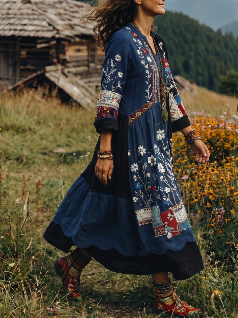 Thessaly | Women's Embroidered Panel Midi Dress - Navy - Image 5