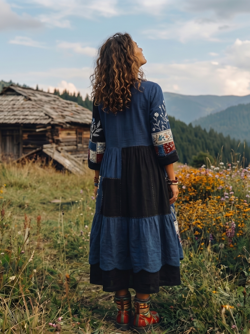 Thessaly | Women's Embroidered Panel Midi Dress - Navy - Image 6