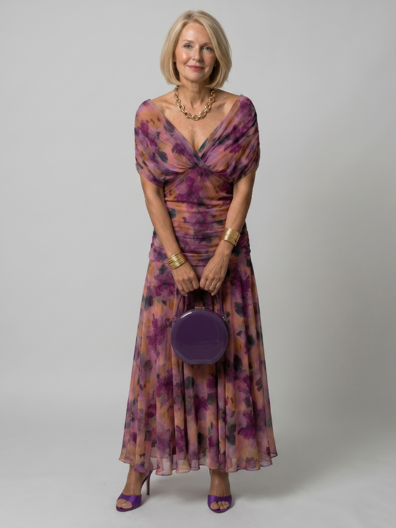 Thessaly | Women's Floral Midi Dress Draped Neck - Image 1