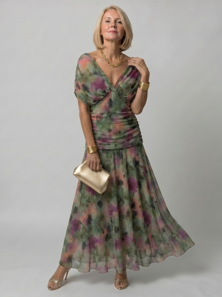 Thessaly | Women's Floral Midi Dress Draped Neck - Image 14