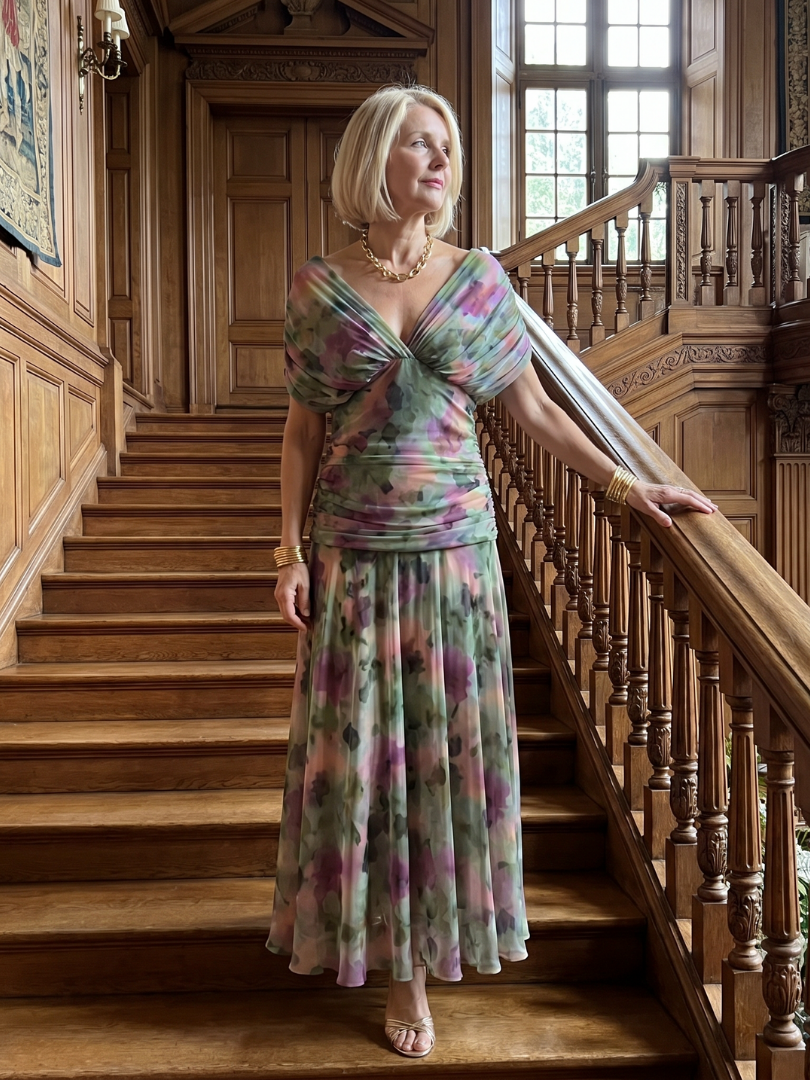 Thessaly | Women's Floral Midi Dress Draped Neck - Image 16
