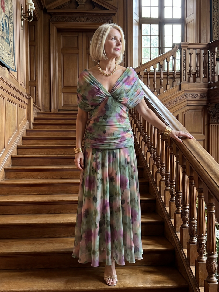 Thessaly | Women's Floral Midi Dress Draped Neck - Image 16