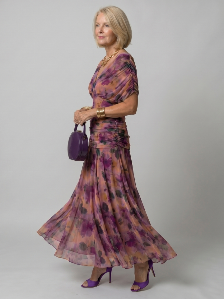 Thessaly | Women's Floral Midi Dress Draped Neck - Image 2