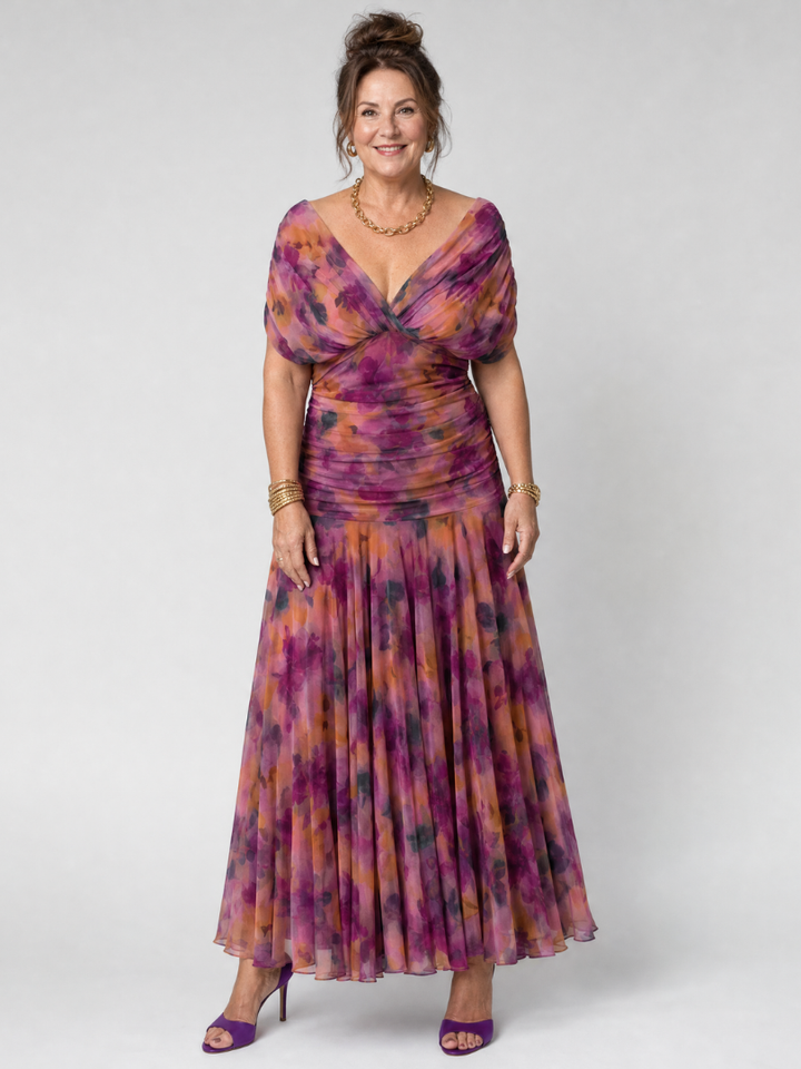 Thessaly | Women's Floral Midi Dress Draped Neck - Image 5