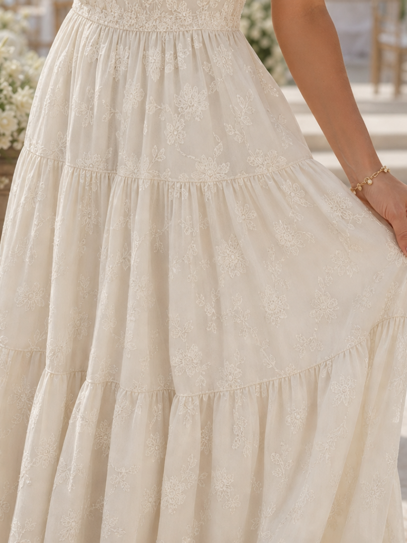Thessaly | Women's Floral Midi Dress Square Neck - Cream - Image 3
