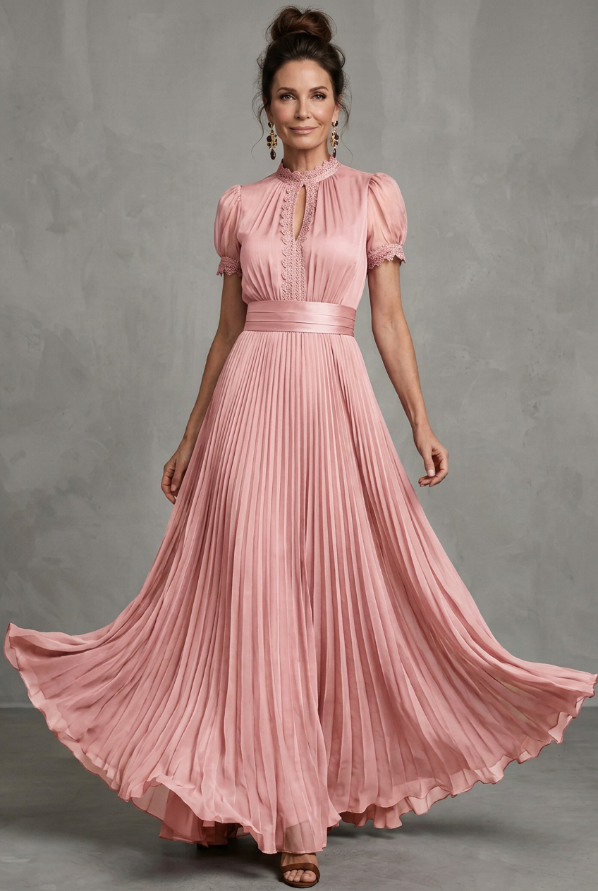 Thessaly | Women's Pleated Maxi Dress with Lace Trim - Pink - Image 1