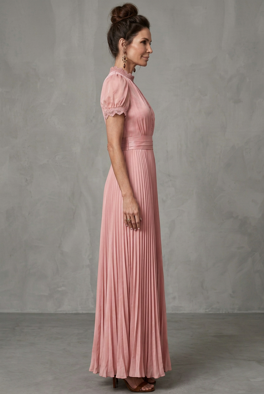 Thessaly | Women's Pleated Maxi Dress with Lace Trim - Pink - Image 2