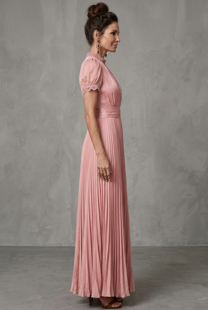 Thessaly | Women's Pleated Maxi Dress with Lace Trim - Pink - Image 2