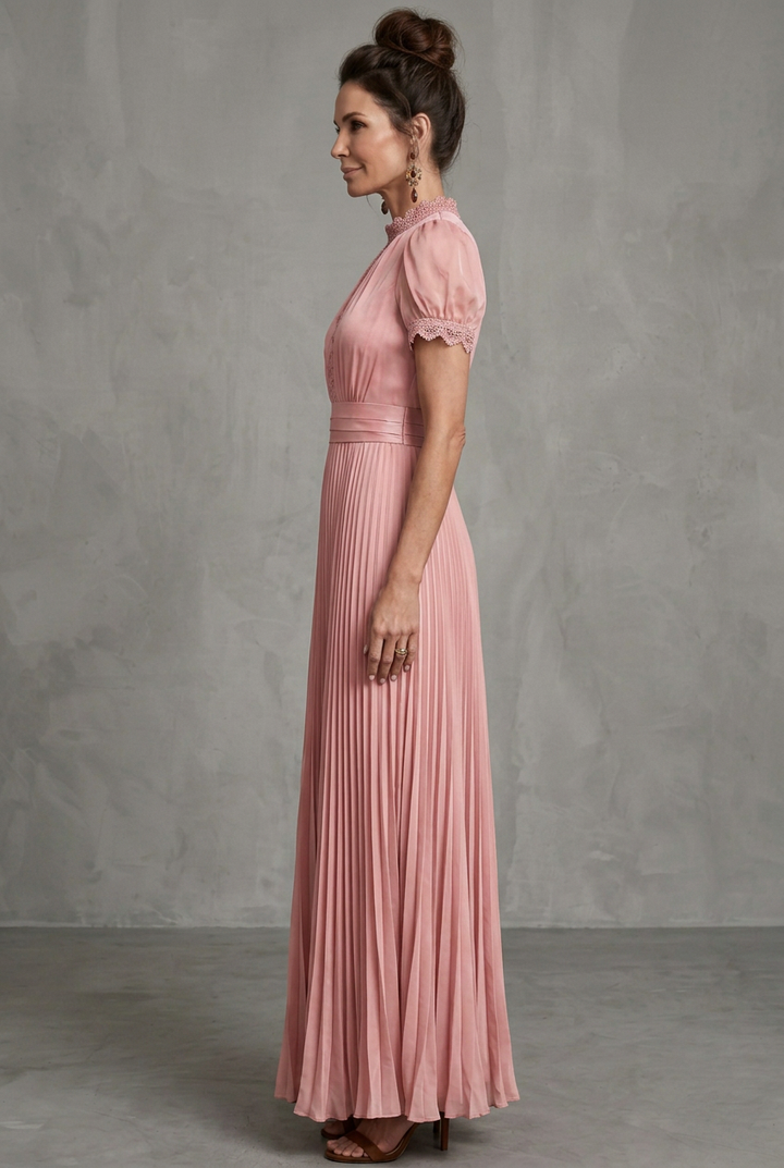 Thessaly | Women's Pleated Maxi Dress with Lace Trim - Pink - Image 3