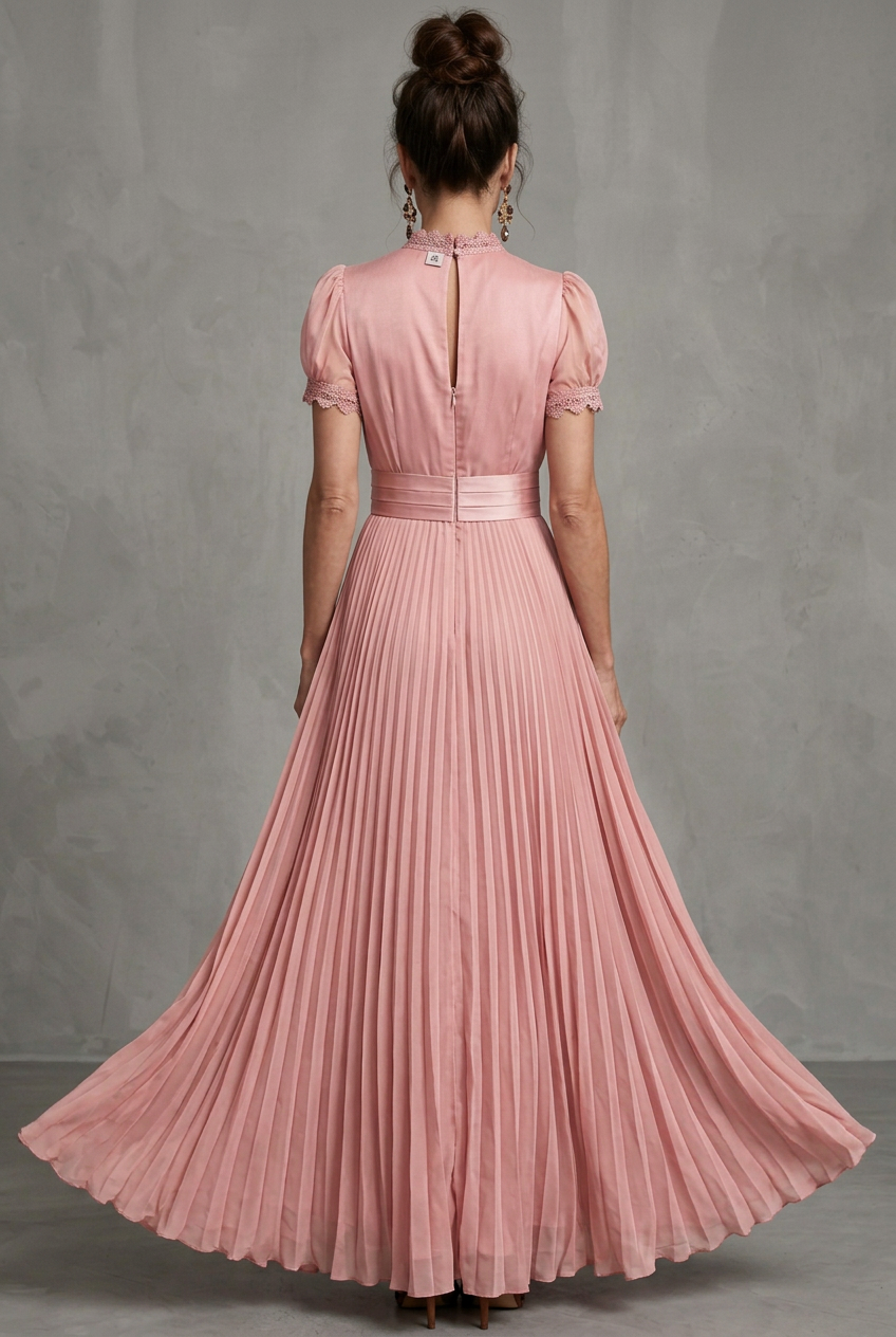 Thessaly | Women's Pleated Maxi Dress with Lace Trim - Pink - Image 4
