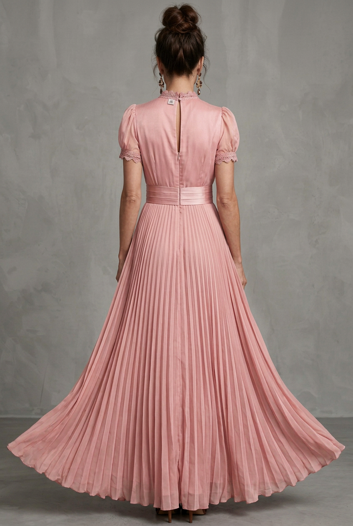 Thessaly | Women's Pleated Maxi Dress with Lace Trim - Pink - Image 4